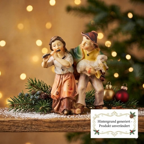 Handbemalte Krippenfigur Kinderpaar mit einem Lamm, ca. 8 cm, K 001-23